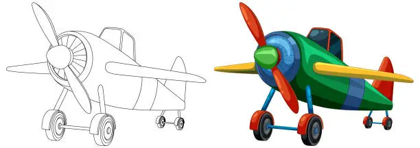 Vector illustration of Illustration showing a plane's transformation from sketch to vector.