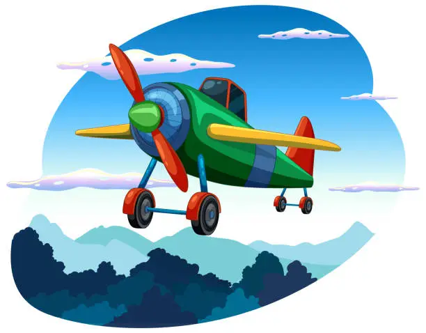 Vector illustration of Colorful old-fashioned airplane flying in the sky