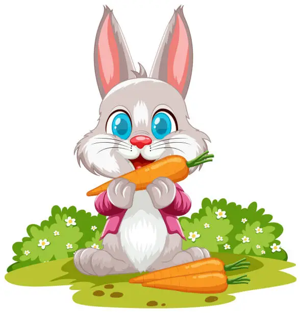 Vector illustration of Adorable rabbit eating a carrot in a flower field