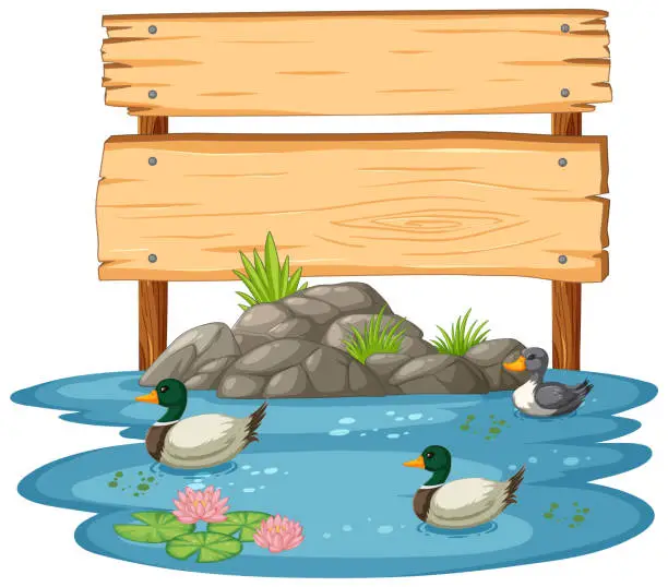 Vector illustration of Vector illustration of ducks in a pond with sign