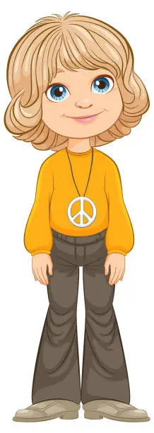 Vector illustration of Cartoon girl with peace sign necklace smiling.