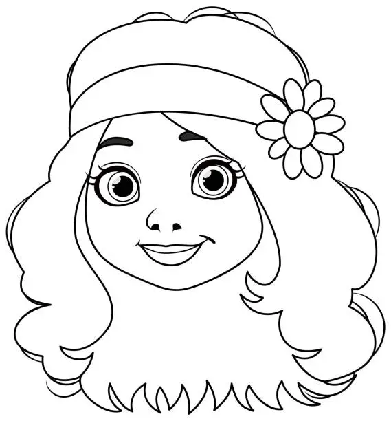 Vector illustration of Black and white vector of a smiling young girl.