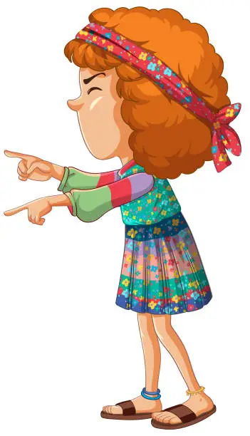 Vector illustration of Cartoon girl with curly hair pointing to her left.