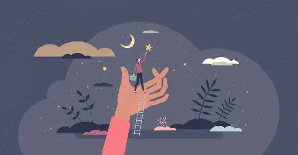Vector illustration of Future success and achievement as reaching for stars tiny person concept