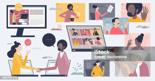 Video On Communication Remote Communication And Distant Video Call Tiny Person Items ...