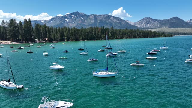 Aerial video of the blue lake Tahoe. On a sunny day, United States