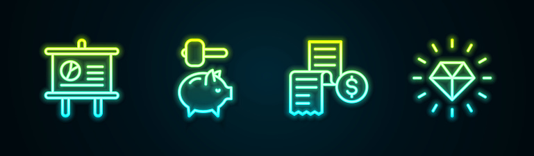 Set line Chalkboard with diagram, Piggy bank and hammer, Paper or financial check and Diamond. Glowing neon icon. Vector.