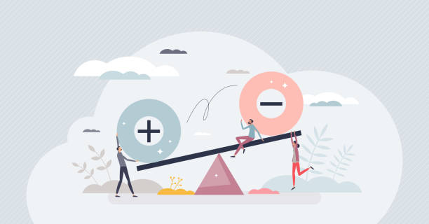 Pros and cons as benefits and threats analysis process tiny person concept Pros and cons as benefits and threats analysis process tiny person concept. Good and bad situation balance evaluation with simple plus and minus choice scales vector illustration. Positive or negative negative image technique stock illustrations