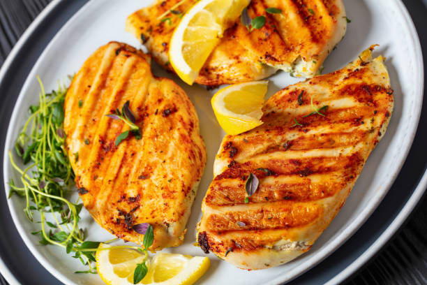 istock juicy grilled chicken cutlets on plate, top view 2067637213