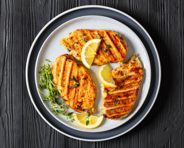 istock juicy grilled chicken cutlets on plate, top view 2067637720