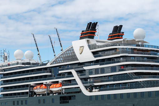 Hanusse Bay, Antarctica - January 14, 2024: Side view of expedition cruise ship Seabourn Pursuit in Antarctica. Close-up.