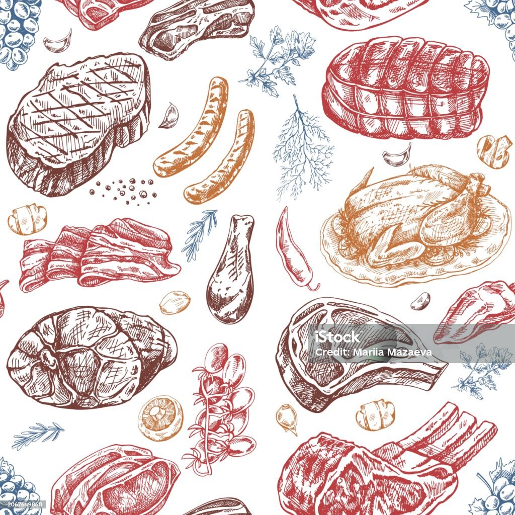 Meat Pattern Drawing Meat And Vegetables Seamless Pattern In Engraved Vintage Style ...