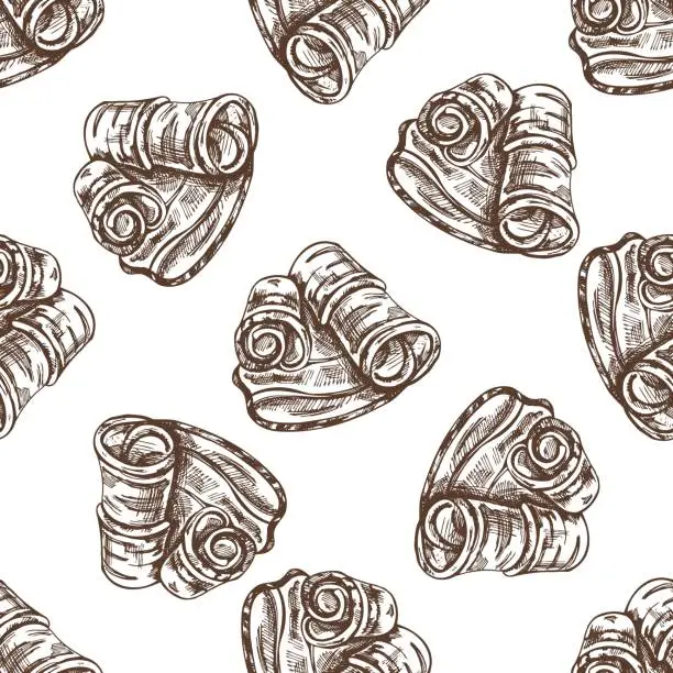 Vector illustration of Hand-drawn vector seamless pattern of bacon in engraved vintage style. Hand-drawn monochrome pattern of hamon or pork meat, ham slice. Italian prosciutto vintage sketch.