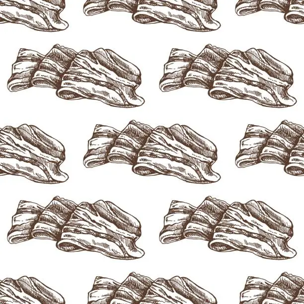 Vector illustration of Hand-drawn vector seamless pattern of bacon in engraved vintage style. Hand-drawn monochrome pattern of hamon or pork meat, ham slice. Italian prosciutto vintage sketch.