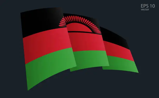 Vector illustration of Waving Vector flag of Malawi. National flag waving symbol. Banner design element.