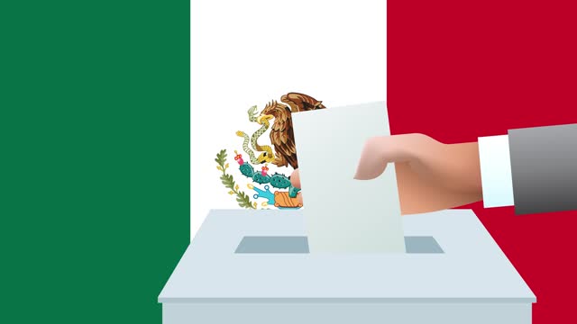 Man putting ballot in a box during elections in Mexico in front of flag.