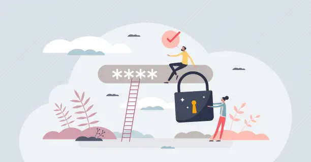 Vector illustration of Strong password and high security lock for online account tiny person concept