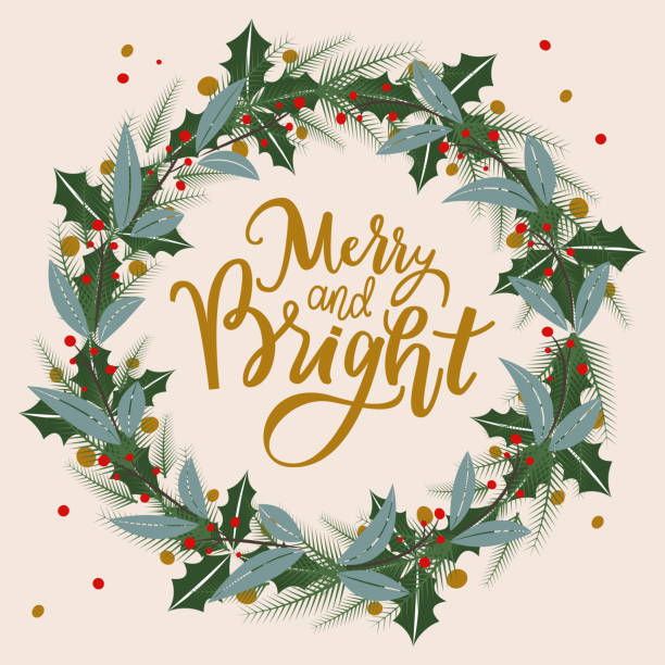 Merry and Bright Festive Wreath with Holly and Pine Illustration This illustration beautifully presents a Merry and Bright script encircled by a festive wreath adorned with holly, pine branches, and red berries, set against a light background pics of a bewitched stock illustrations