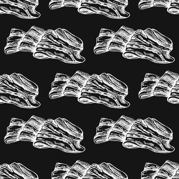 Vector illustration of Hand-drawn seamless pattern of bacon in engraved vintage style. Hand-drawn vector white pattern of hamon or pork meat, ham slice. Italian prosciutto vintage sketch on chalkboard background.