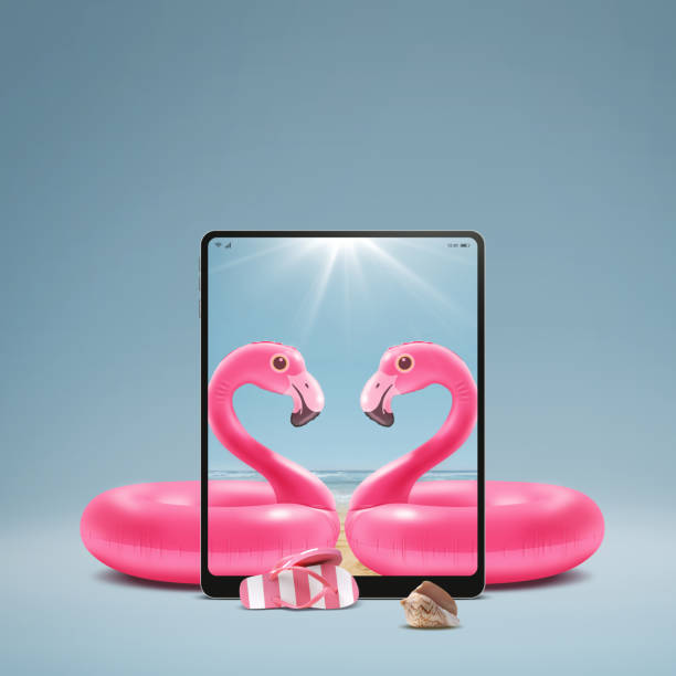 istock Loving inflatable flamingos and digital tablet 2067665448