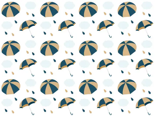 Vector illustration of Seamless pattern of navy blue and gold umbrellas and rain clouds.