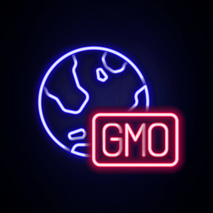 Glowing neon line GMO icon isolated on brick wall background. Genetically modified organism acronym. Dna food modification. Colorful outline concept. Vector.