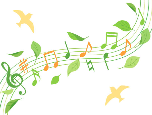 natürliche illustration von vögeln, blättern und musiknoten - foliate pattern audio stock-grafiken, -clipart, -cartoons und -symbole