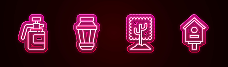 Set line Garden sprayer for fertilizer, light lamp, Tree and Bird house. Glowing neon icon. Vector.