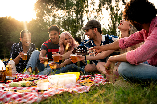 Group of multiethnic teenagers spending time outdoor on a picnic at the park. Concept about generation z, lifestyle and friendship