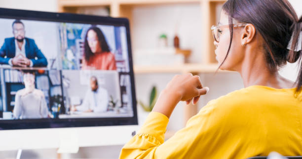Business woman, computer and conference video call in lockdown meeting, webinar training or remote teamwork collaboration. Talking worker, employee or zoom call technology for global company strategy