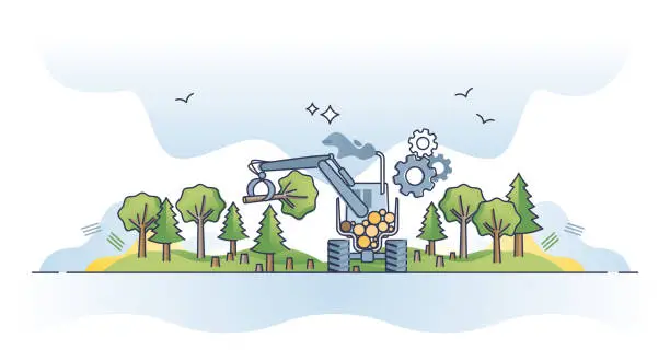 Vector illustration of Cutting down forests as using deforestation for wood resource outline concept