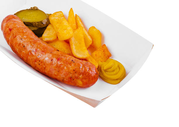 fried sausage with potatoes and mustard