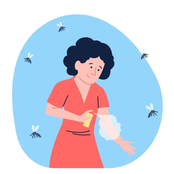 Vector illustration of Girl using anti mosquito spray. Safe from diseases and bites, woman ward off mosquitoes. Seasonal outdoor problem, flying insects recent vector scene