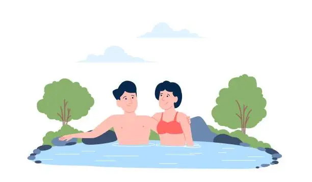 Vector illustration of Couple in hot spring. Dating in wellness center or spa thermal natural bath tube. Male female relaxation together, holidays or vacation, recent vector concept