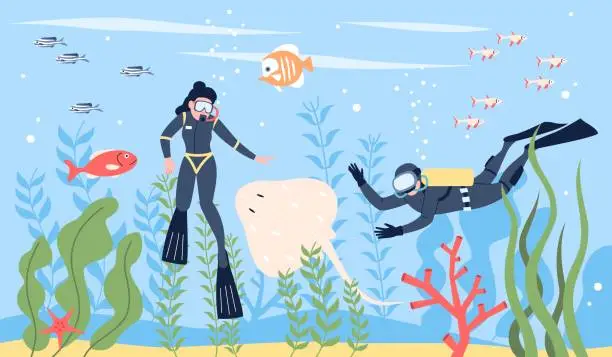 Vector illustration of Underwater swimmers swim in ocean. Scuba diving tourists or professional. Resting and explore sea, fish and plants, flat recent vector scene