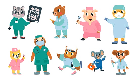 Funny animals doctors. Cartoon animal in doctor and nurse uniform. Hospital or ambulance professionals with medications and tools, classy vector set of cartoon doctor animal illustration