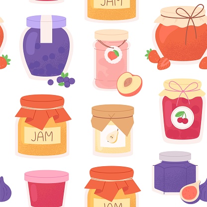 Marmalade jar seamless pattern. Sweet confiture or fruit jam. Berries compote and canned fruits. Homemade preserves racy vector background of wallpaper seamless homemade illustration