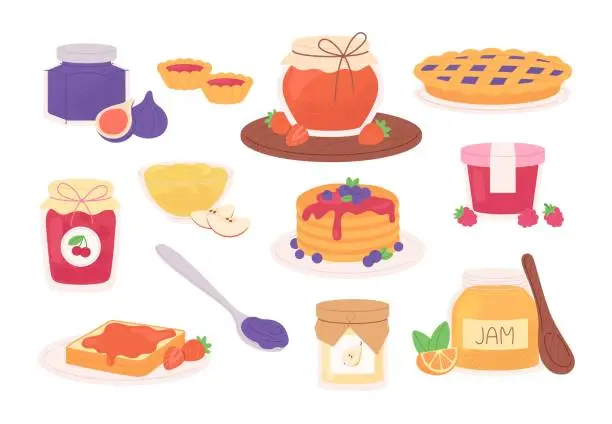 Vector illustration of Jam and marmalade. Jams in glasses jars, homemade preserves sweet desserts. Tasty breakfast toasts and pancakes, pie with berry, racy vector set