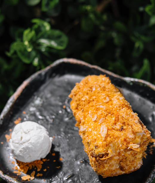 istock Puff pastry log cake with a scoop of ice cream 2067773368