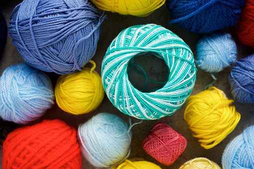 Close up of a group of colorful wool balls