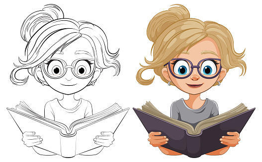 Cartoon girl with glasses reading intently