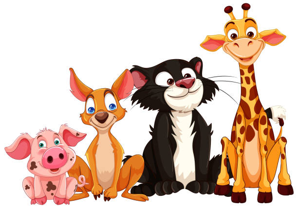 Colorful illustration of diverse smiling cartoon animals