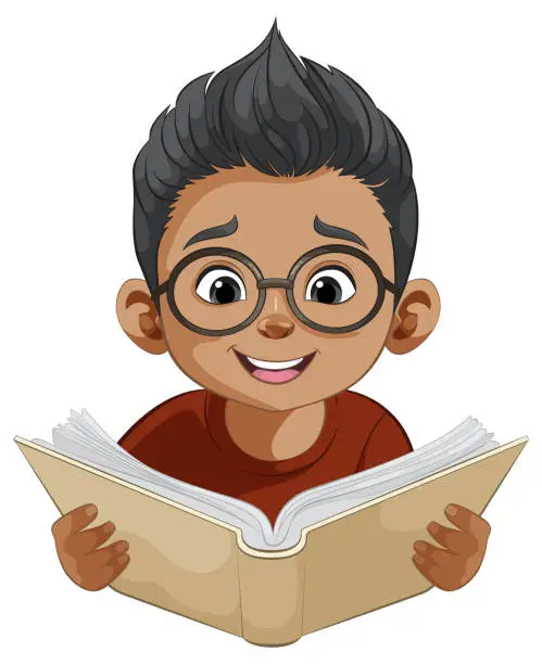 Vector illustration of Cartoon of a happy child reading an open book