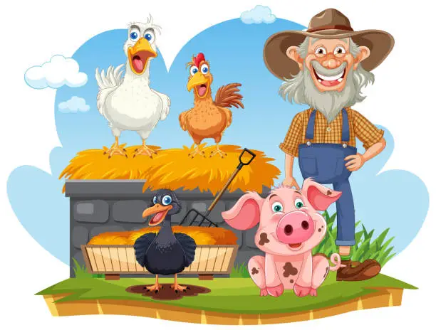 Vector illustration of Cartoon farmer with animals on a sunny day