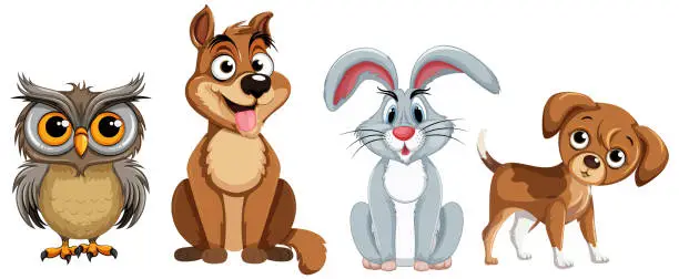 Vector illustration of Cartoon owl, kangaroo, rabbit, and puppy illustration.