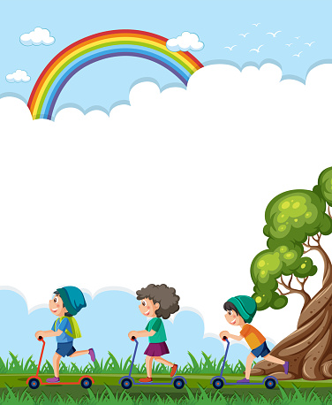 Children playing with scooters near a tree and rainbow.