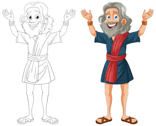 Vector illustration of Colorful drawing of a happy, bearded ancient man