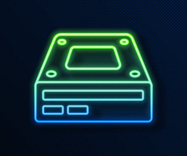 glowing neon line optical disc drive icon isolated on blue background. cd dvd laptop tray drive for read and write data disc. vector - cd burner stock illustrations