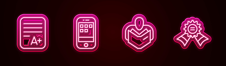 Set line Exam sheet with A plus grade, Smartphone, Man reading book and Medal. Glowing neon icon. Vector.
