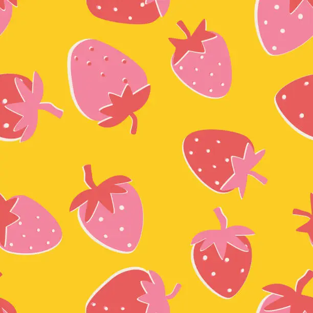 Vector illustration of a bright summer seamless pattern with strawberries on a yellow background